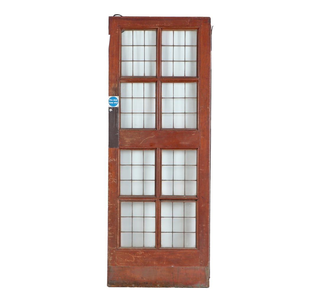 AN ANTIQUE ENGLISH MAHOGANY LEADED GLASS DOOR CIRCA 1910, REMOVED FROM A LUXURY HOTEL IN LONDON.: An antique English mahogany leaded glass door circa 1910, removed from a luxury hotel in London. Ht: 79" Wd: 30.5"