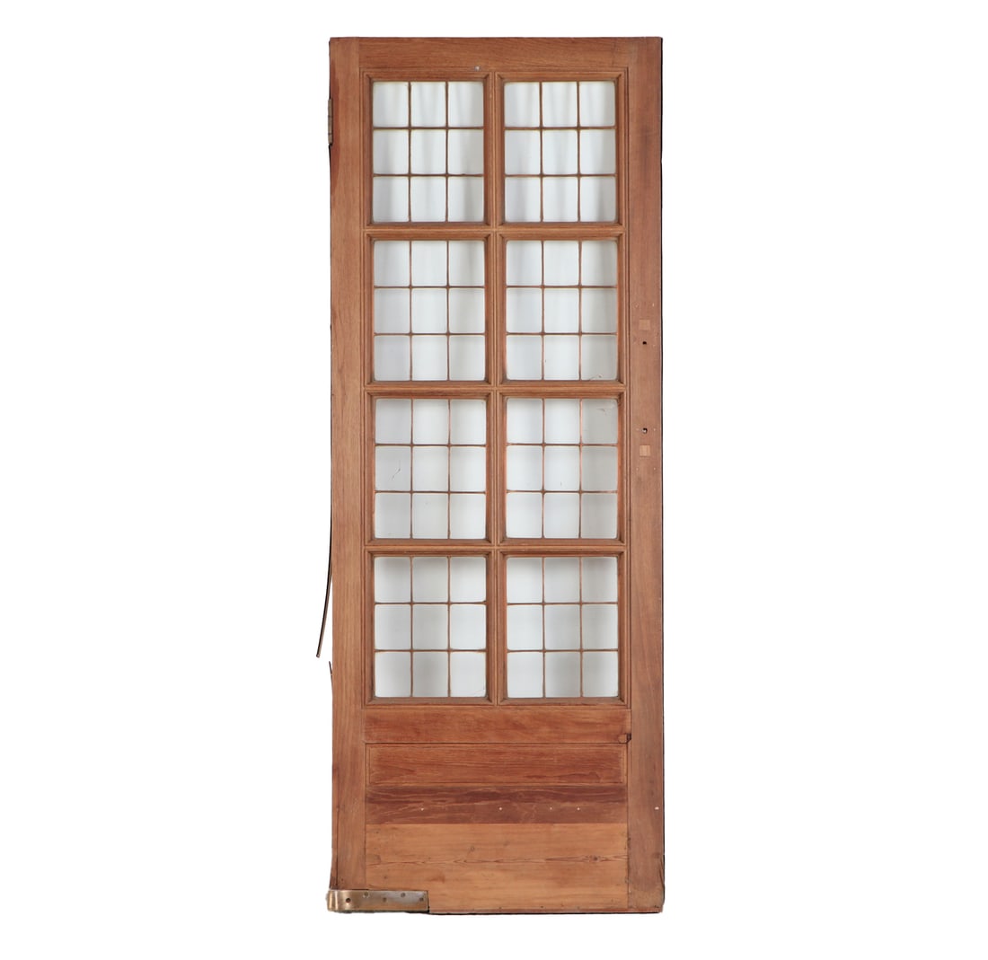 AN ANTIQUE ENGLISH MAHOGANY LEADED GLASS DOOR CIRCA 1910, REMOVED FROM A LUXURY HOTEL IN LONDON.: An antique English mahogany leaded glass door circa 1910, removed from a luxury hotel in London. Ht: 80.5" Wd: 30.25"