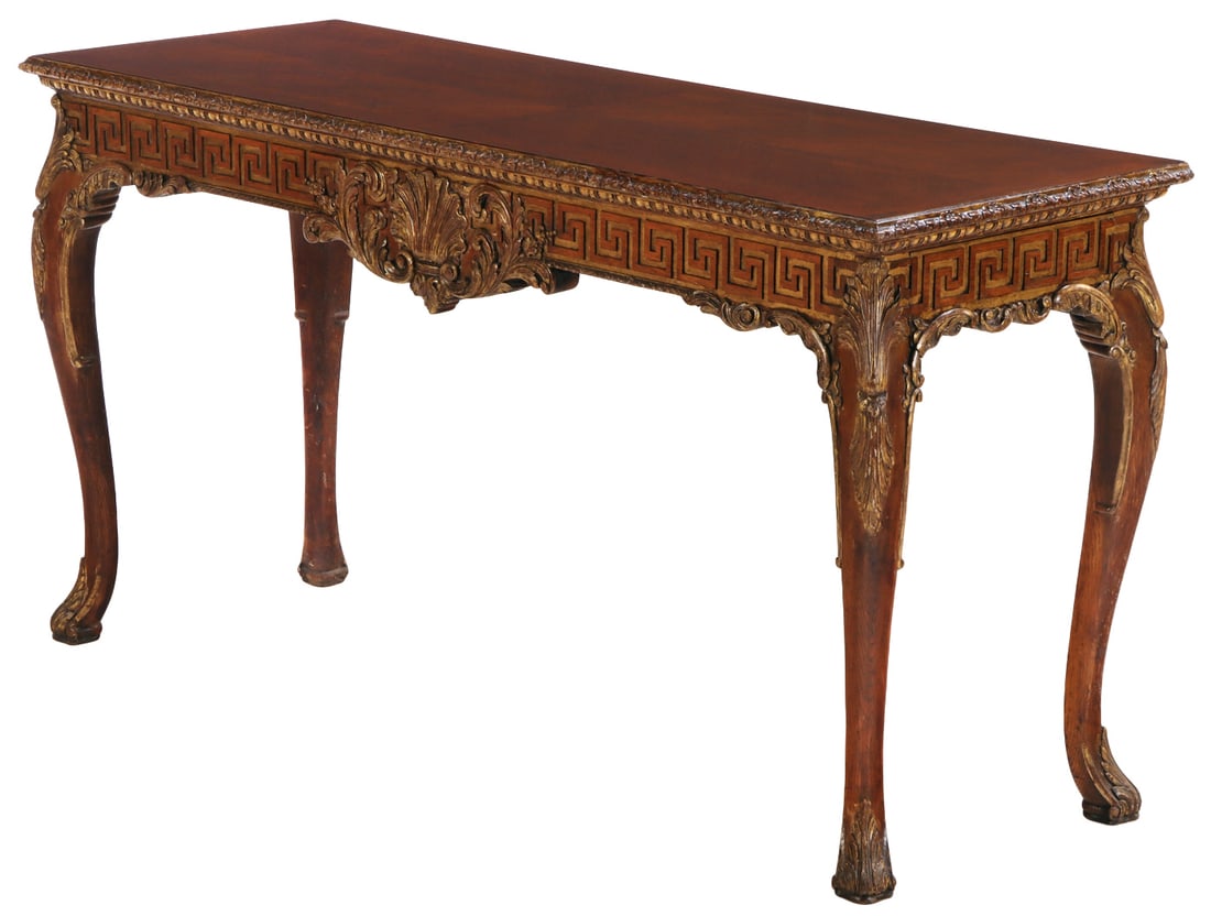 GEORGIAN STYLE OAK CONSOLE TABLE HAVING GILT DETAILS, GREEK KEY TRIM AND A CENTRAL CARVED SHELL