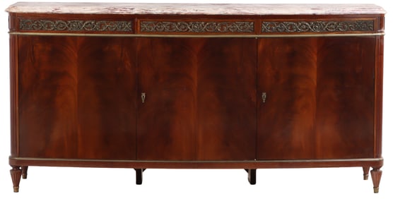 FRENCH CROTCH MAHOGANY LOUIS XVI STYLE MARBLE TOP SIDEBOARD HAVING THREE DOORS AND A BRONZE FRIEZE C