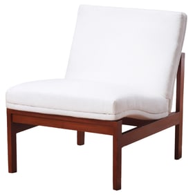 DANISH STYLE SLIPPER CHAIR C 1950 HAVING NEW BOUCLE TYPE FABRIC.