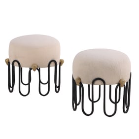 PAIR OF PAINTED IRON UPHOLSTERED STOOLS WITH BRASS STRAWBERRY MOUNTS IN THE MANNER OF JEAN ROYERE.