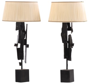 PAIR OF BRUTALIST STYLE IRON TABLE LAMPS WITH SHADES.