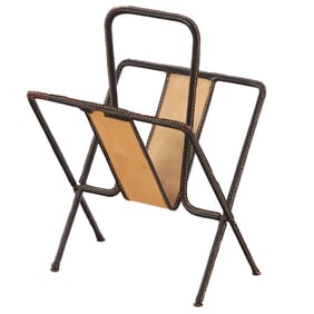 LEATHER OVER IRON FRENCH MAGAZINE STAND ATTRIBUTED TO JACQUES ADNET C 1945.