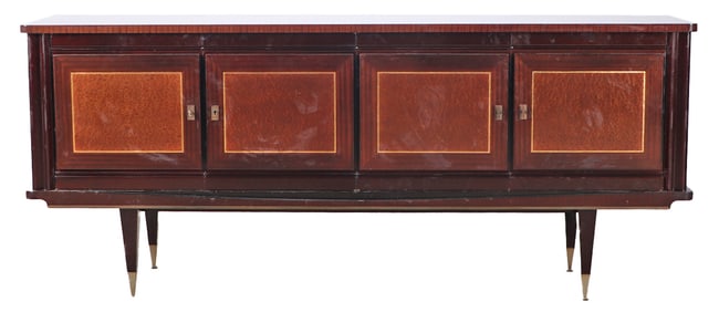 FRENCH MAHOGANY AND BIRDSEYE MAPLE FOUR DOOR SIDEBOARD HAVING A SYCAMORE INTERIOR C 1945.