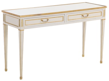 PAINTED AND BRONZE MOUNTED CONSOLE TABLE HAVING TWO DRAWERS AND A MIRRORED TOP IN THE LOUIS XIV