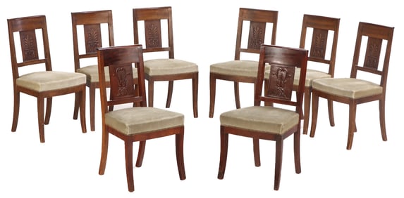 EIGHT FRENCH RESTORATION STYLE MAHOGANY DINING CHAIRS WITH CARVED BACK SPLATS INCLUDING A SET OF