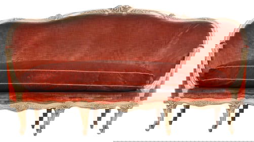 LOUIS XV STYLE PAINTED AND CARVED FRENCH SOFA C 1900. THE FINELY CARVED FRAME HAVING SUNFLOWERS IN