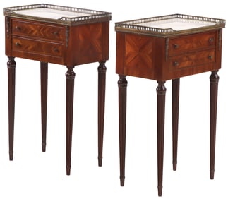 PAIR OF MAHOGANY PARQUETRY INLAID MARBLE TOP BRASS MOUNTED NIGHT STANDS OR END TABLES C 1940.