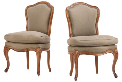 GRACEFUL PAIR OF LOUIS XV STYLE SIDECHAIRS C 1930 WITH NEW FABRIC.