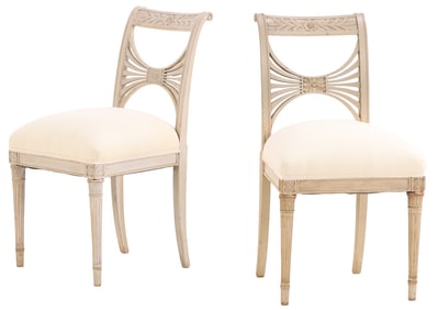 PAIR OF CARVED AND PAINTED REGENCY STYLE SIDECHAIRS C 1910 WITH RECENT FABRIC.