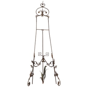 RARE FRENCH ART NOVEAU ADJUSTABLE EASEL C 1900 HAVING HAD WROUGHT FLORAL DETAILS AND A CENTRAL