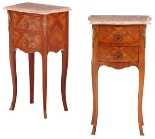 PAIR FRENCH LOUIS XV STYLE BRONZE MOUNTED AND INLAID MARBLE TOP NIGHT STANDS C 1950.