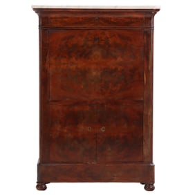 FRENCH MAHOGANY LOUIS PHILIPPE FALL FRONT SECRETARY HAVING A MARBLE TOP AND INTRICATE