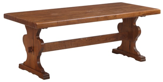 FRENCH OAK FARM TABLE HAVING A PIECED TOP AND SOLID ENDS C 1960. DISMANTLES.