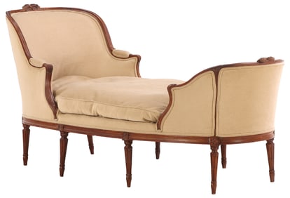 NINETEENTH CENTURY FRENCH WALNUT RECAMIER HAVING EIGHT LEGS AND RECENT FABRIC.