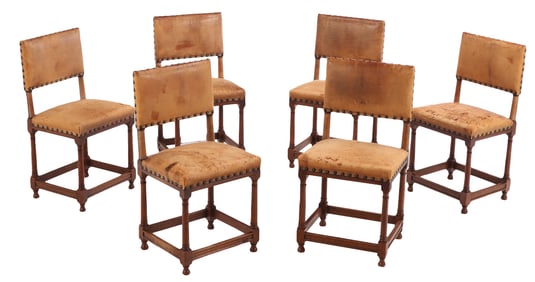 SIX FRENCH WALNUT SIDE CHAIRS UPHOLSTERED IN LEATHER C 1900.