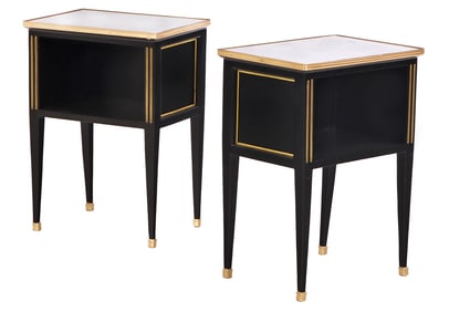 PAIR OF EBONIZED, GILTWOOD, BRONZE MOUNTED MARBLE TOP OPEN BED SIDE CABINETS IN THE DIRECTOIRE