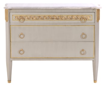 PAINTED MARBLE TOP BRONZE MOUNTED COMMODE IN THE LOUIS XIV STYLE.
