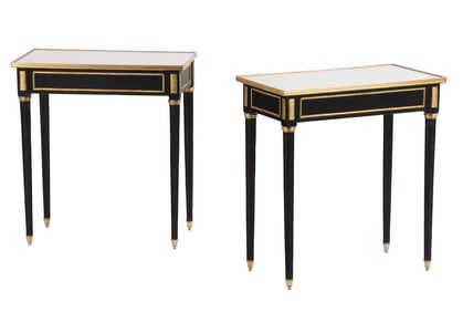 PAIR RECTANGULAR EBONIZED BRONZE MOUNTED DIRECTOIRE STYLE MIRRORED TOP END TABLES HAVING