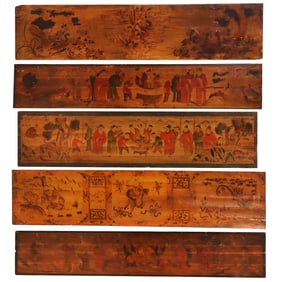 A SET OF FIVE ANTIQUE WOOD PANELS INTRICATELY PAINTED WITH ASIAN THEMES.