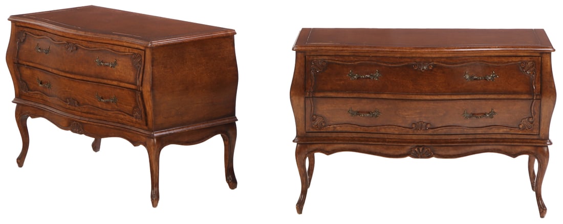 PAIR LOUIS XV STYLE BOMBE TWO-DRAWER CHESTS: A Pair of French Louis XV style bombe 2-drawer chests or commodes. Ht: 28.25" Wd: 42.5" Dpth: 21.5"