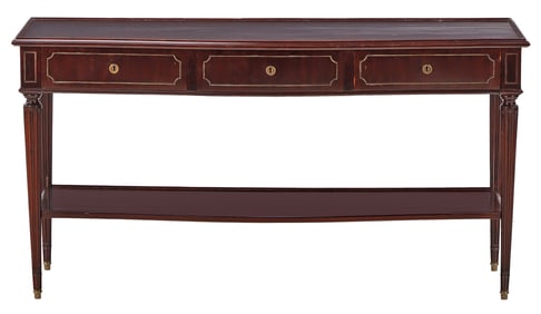 A LOUIS XVI STYLE BRASS INLAID  THREE DRAWER MAHOGANY CONSOLE TABLE WITH BRONZE DECORATION