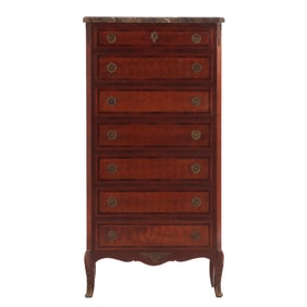 MAHOGANY SEVEN DRAWER MARBLE TOP CHEST HAVING PARQUETRY DRAWER FRONTS, BRONZE MOUNTS AND LOUIS