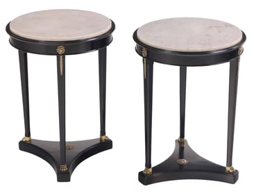 PAIR ROUND FRENCH EMPIRE STYLE BRONZE MOUNTED AND EBONIZED MARBLE TOP TABLES C 1950.