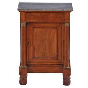 A WALNUT FRENCH EMPIRE STYLE ONE DOOR CABINET HAVING GRAY MARBLE TOP AND BRONZE TRIM C 1870.