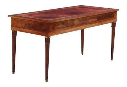 FRENCH EMPIRE STYLE MAHOGANY LEATHER TOP WRITING TABLE HAVING TWO DRAWERS AND BRONZE DETAILS C