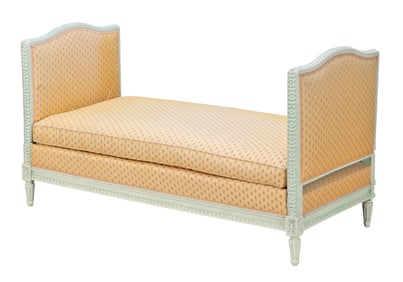 PAINTED AND CARVED WOOD FRENCH DAY BED WITH TWO LOOSE CUSHIONS C 1920.