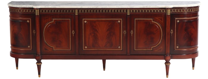 LARGE FRENCH LOUIS XVI STYLE FIVE DOOR BRONZE MOUNTED AND CROTCH MAHOGANY MARBLE TOP SIDEBOARD C