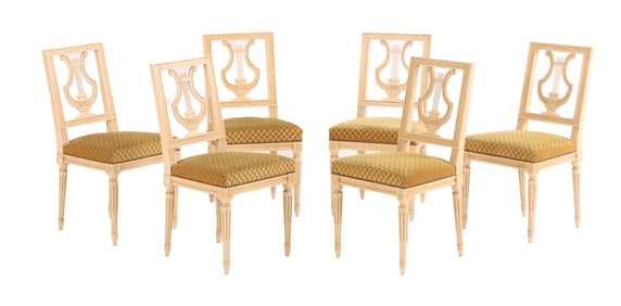 SIX FRENCH LOUIS XVI STYLE PAINTED LYRE BACK DINING CHAIRS C 1940.