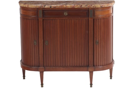 FRENCH MAHOGANY MARBLE TOP SERVER IN THE DIRECTOIRE STYLE HAVING THREE DRAWERS OVER THREE