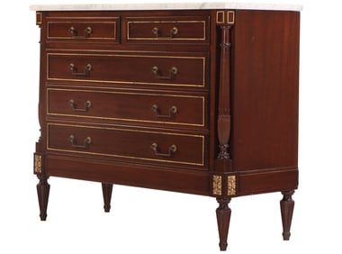 FRENCH MAHOGANY MARBLE TOP DRESSER IN THE LOUIS XVI STYLE HAVING GILT HIGHLIGHTS C 1940.