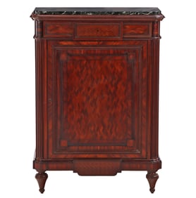 A NAPOLEON III STYLE MARQUETRY PARLOUR CABINET HAVING A SINGLE DRAWER OVER A DOOR AND A GREEN