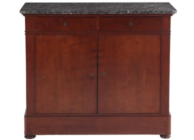 FRENCH MAHOGANY MARBLE TOP SERVER HAVING TWO DRAWERS OVER TWO DOORS C 1850.