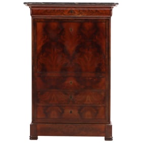 LOUIS PHILIPPE CROTCH MAHOGANY MARBLE TOP SECRETARY DESK HAVING A BIRDSEYE MAPLE INTERIOR C