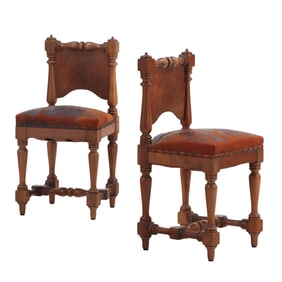 PETITE PAIR OF NINETEENTH CENTURY WALNUT AND LEATHER SIDE CHAIRS.