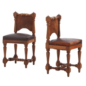 PETITE PAIR OF NINETEENTH CENTURY WALNUT AND LEATHER SIDE CHAIRS.