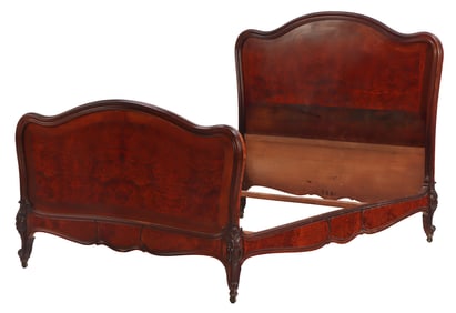 FRENCH LOUIS XV STYLE WALNUT AND BURL WALNUT FULL SIZE BED C 1900