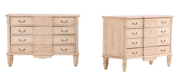PAIR SWEDISH STYLE PAINTED FOUR DRAWER DRESSERS WITH BRASS HARDWARE.