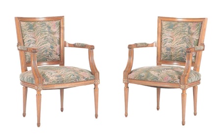 A PAIR OF LOUIS XVI STYLE OPEN ARM CHAIRS C 1950.