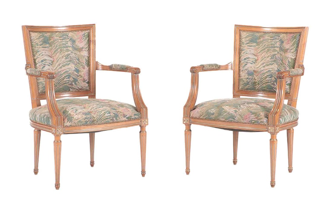 A PAIR OF LOUIS XVI STYLE OPEN ARM CHAIRS C 1950. (1 of 7)