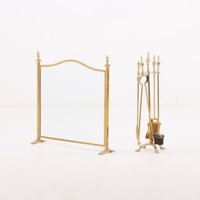 BRASS AND GLASS FIRESCREEN WITH MATCHING TOOLS C 1970.