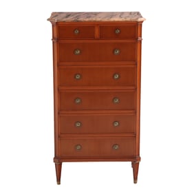 MAHOGANY SEVEN DRAWER MARBLE TOP CHEST OF DRAWERS IN THE LOUIS XIV STYLE C 1940.