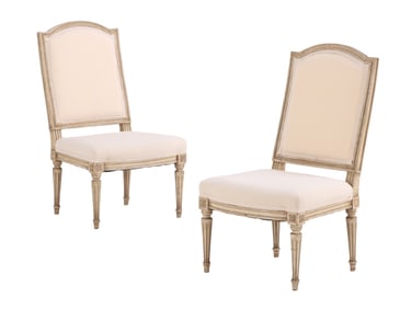 PAIR OF PAINTED FRENCH LOUIS XVI STYLE BOUDOIR CHAIRS C 1940  WITH NEW FABRIC.