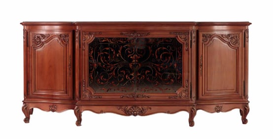 A FRENCH WALNUT SIDEBOARD WITH EGLOMISE MIRRORED DOORS AND PARQUET TOP CIRCA 1950.