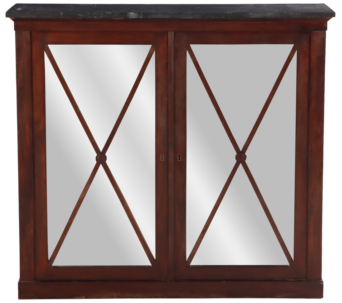 FRENCH EMPIRE MAHOGANY MARBLE TOP TWO DOOR CABINET C 1860. (1 of 6)